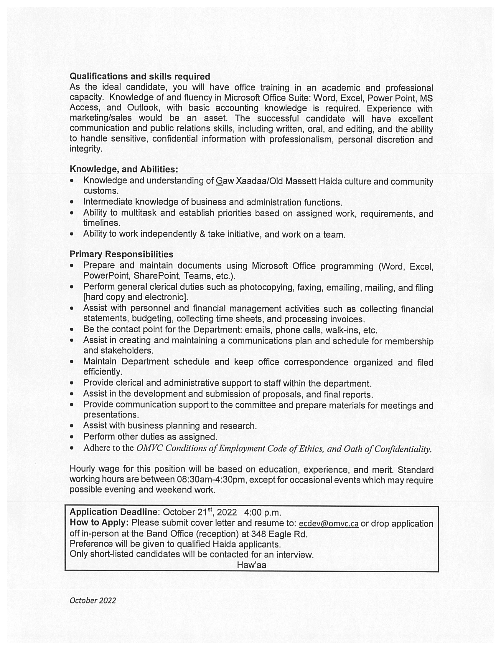 Old Masset Village Council Employment Opportunity Village of Masset