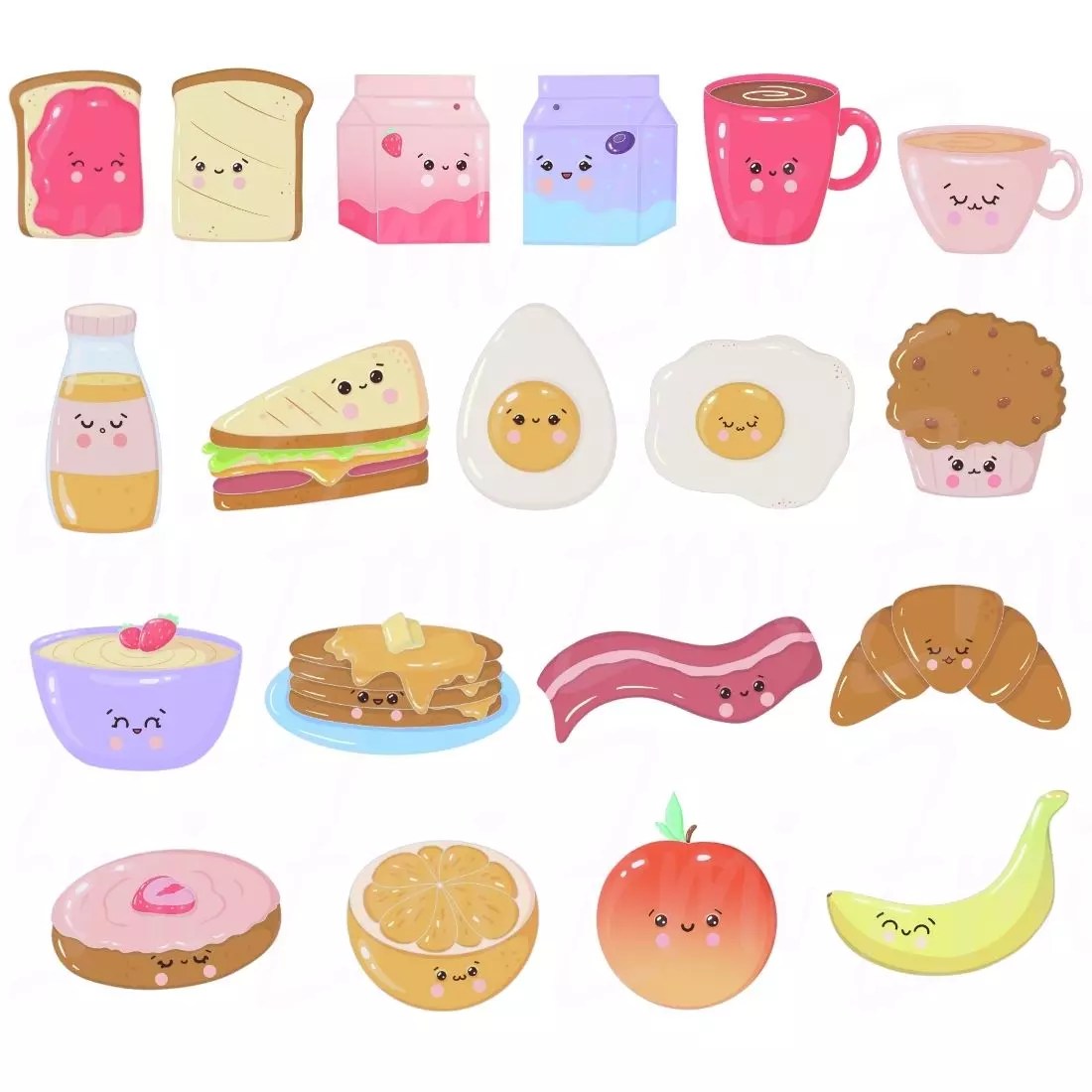 Kawaii Desayuno Comida Clipart Vector, PNG JPG Archivos 300 DPI Lindo