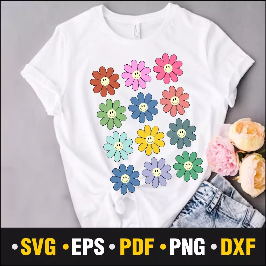 Retro Smiley Face Flowers SVG, PDF, PNG, DXF, EPS Only 3 MasterBundles