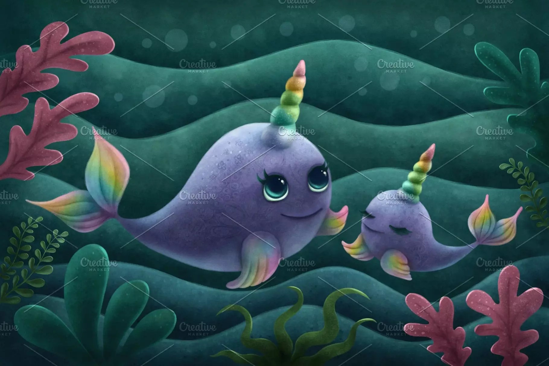 Narwhal Unicorn. Mother with a child MasterBundles