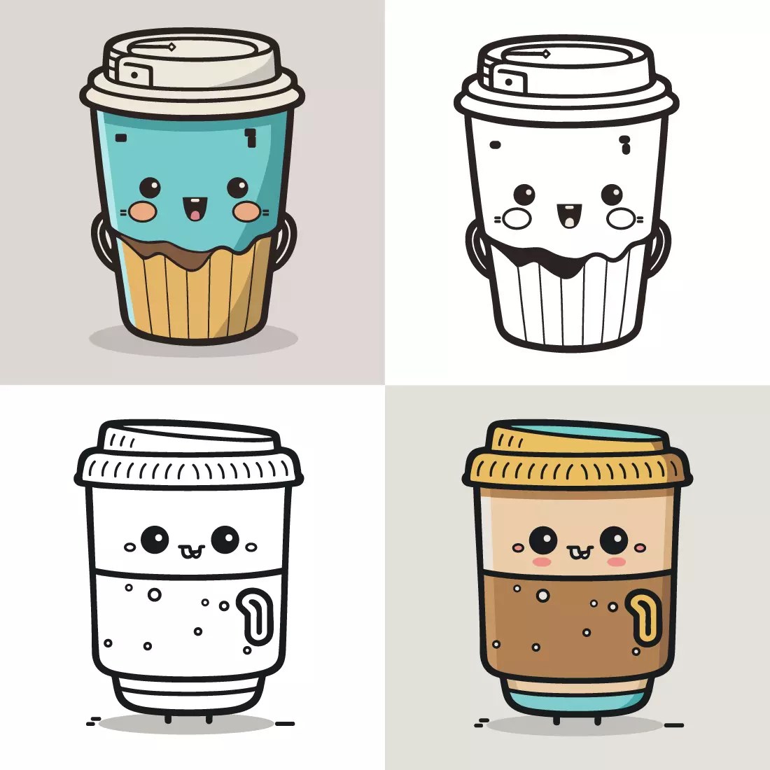 Coffee Cup Logo, Cute Coffee Cup Cartoon line art colorful Vector