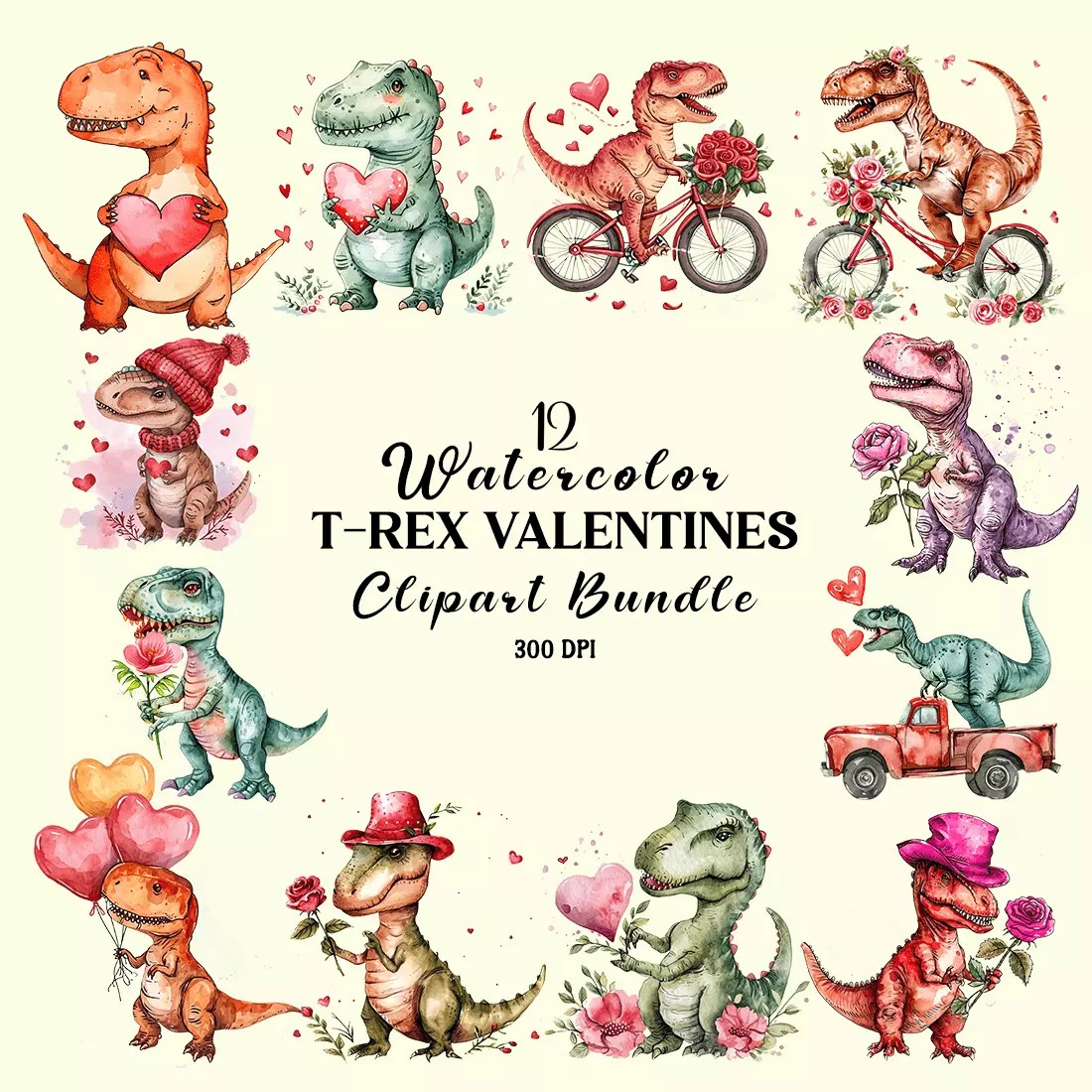 Watercolor TRex Valentines Clipart Bundle MasterBundles