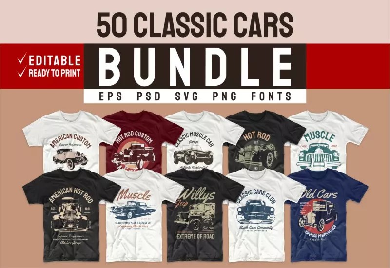 🚘 50 Classic Car Tshirt Designs Collection