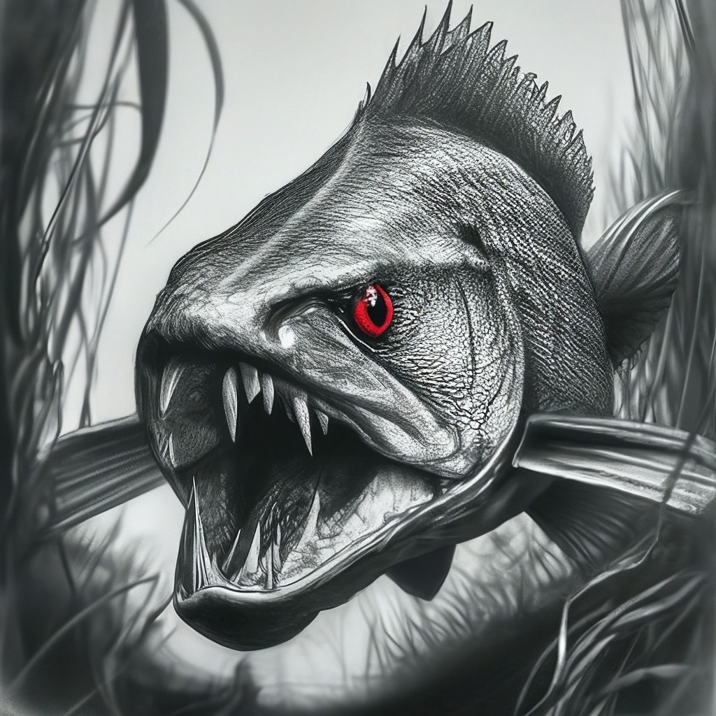 "Mysterious dark gloomy depths, underwater, predatory creepy huge pike