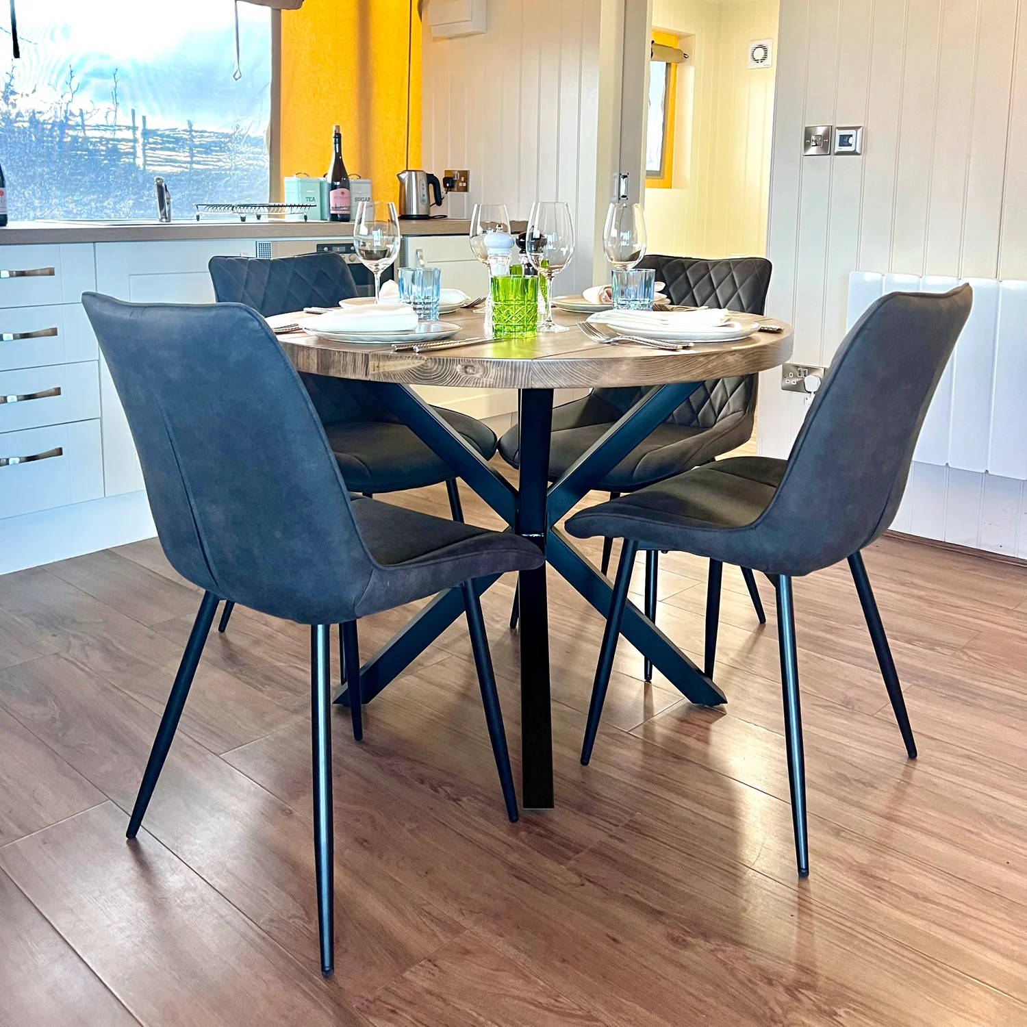 Buy Rustic Reclaimed Round Dining Table Steel crossed leg