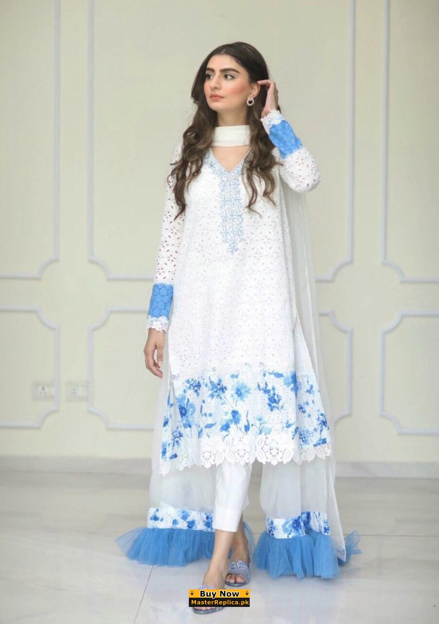 Designer White and Blue Lawn Dress Replica Master Replica Pakistan