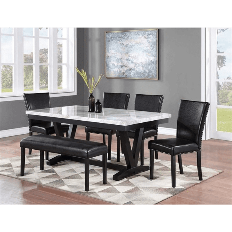 Crown Mark Tanner 7 Piece Dining Set White Faux Marble & Black Finish