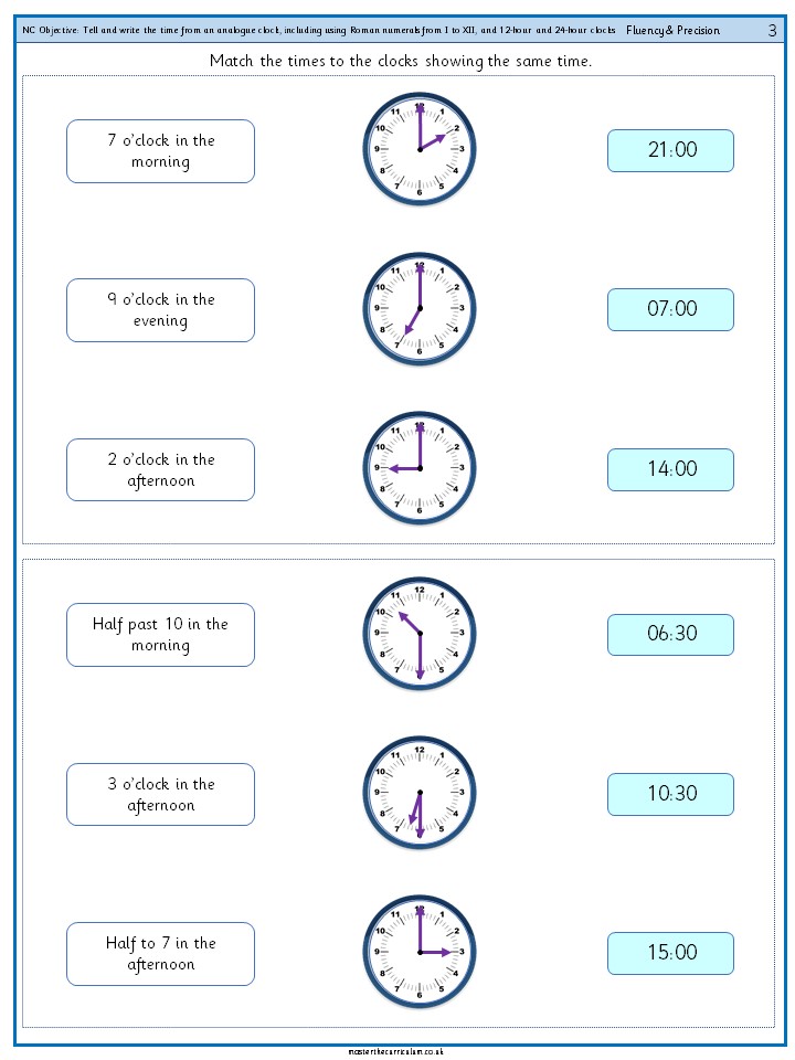Estimate and read time with increasing accuracy to the nearest minute; record and compare time