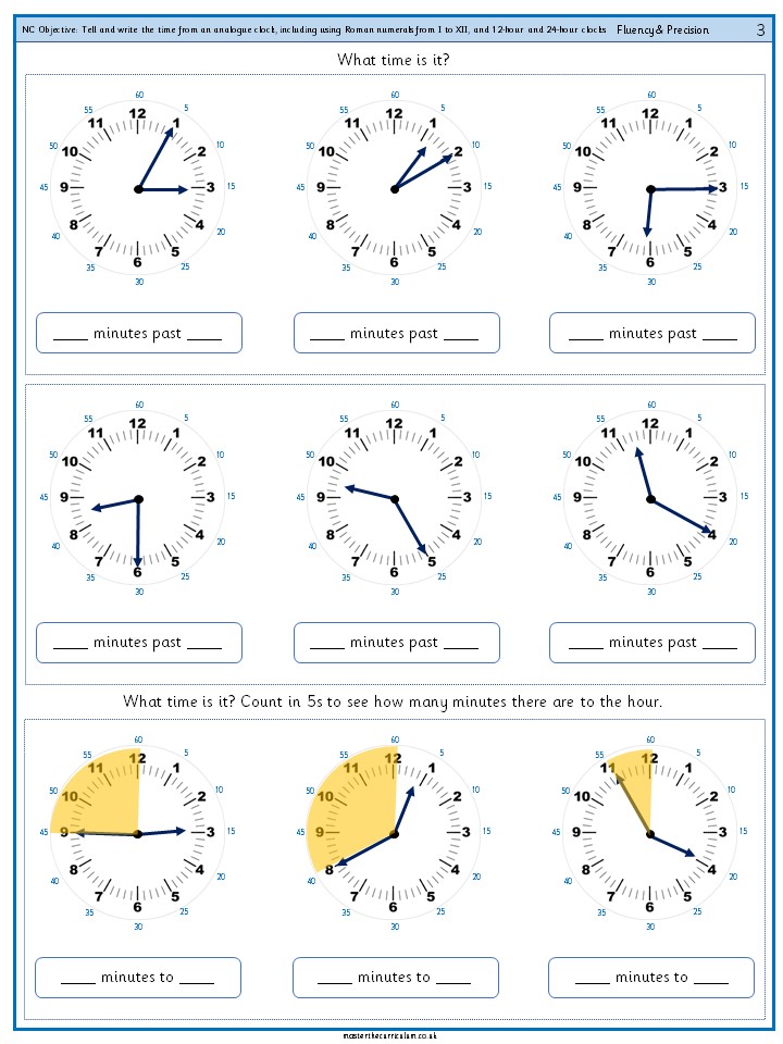 Tell and write the time from an analogue clock, including using Roman