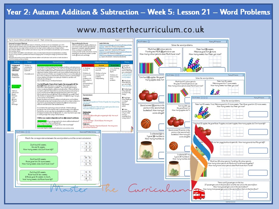 Year 2 Addition and Subtraction Lesson 21 Word Problems Master