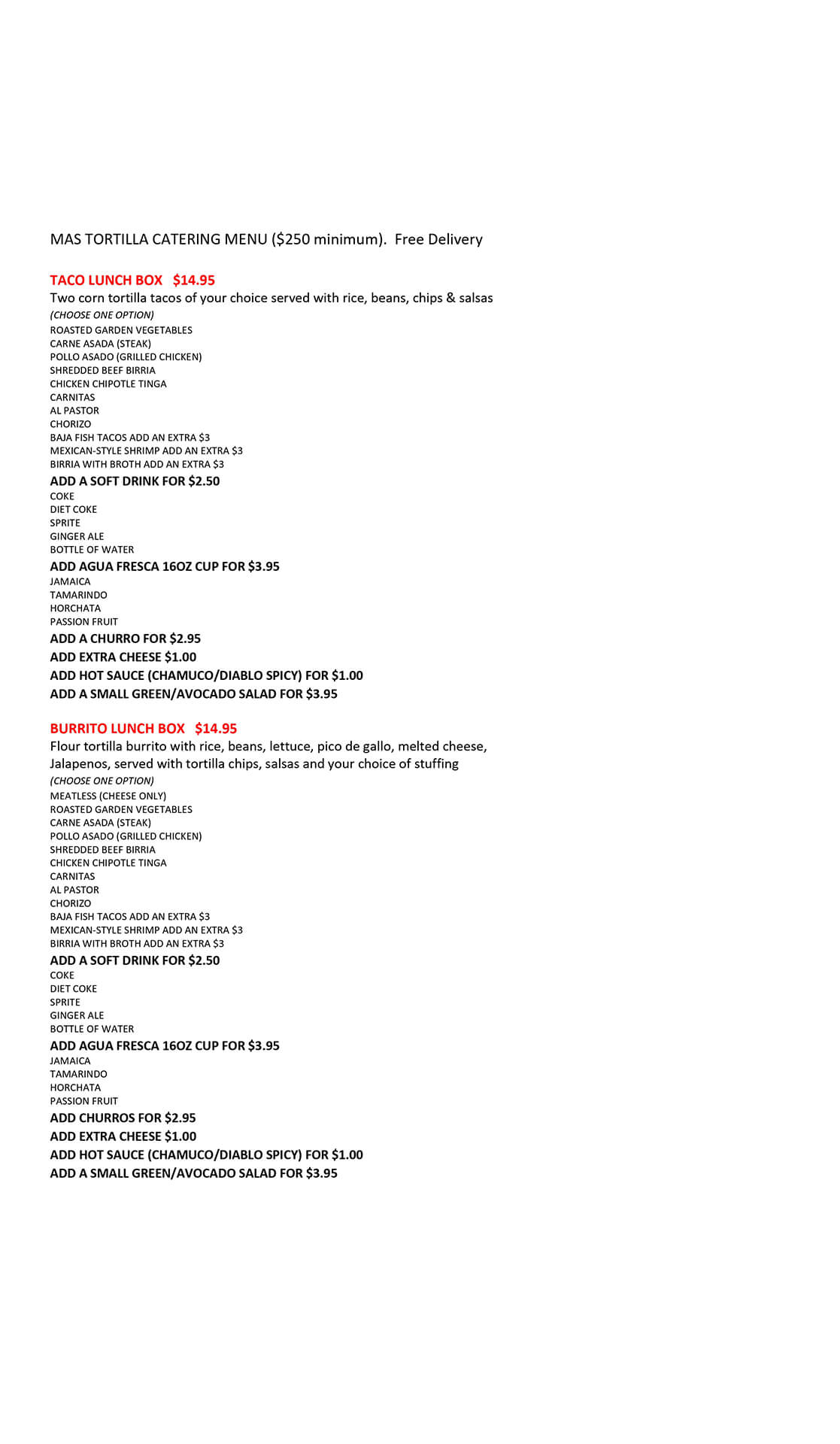 Catering Menu Mas Tortilla Restaurant