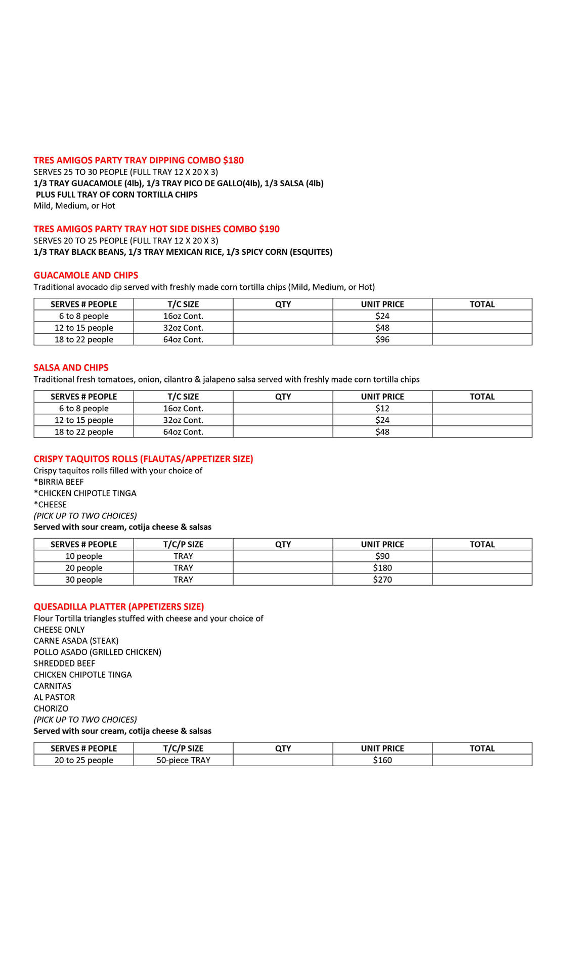 Catering Menu Mas Tortilla Restaurant