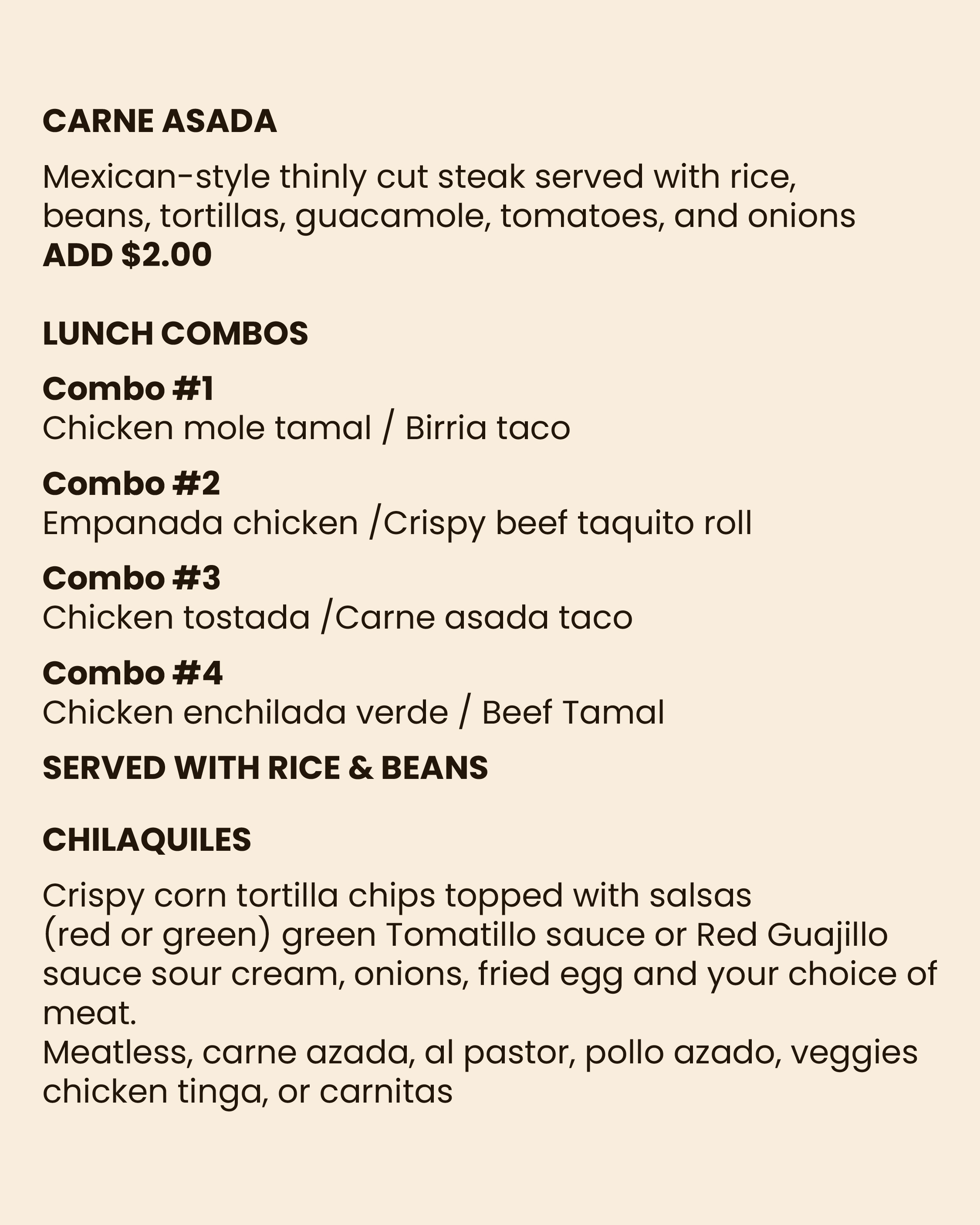 Menu Mas Tortilla Restaurant