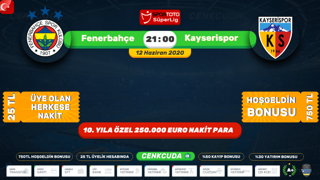 Fenerbahçe Kayserispor 12 Haziran 2020 Canli maç izle Jojobet TV Matbet TV
