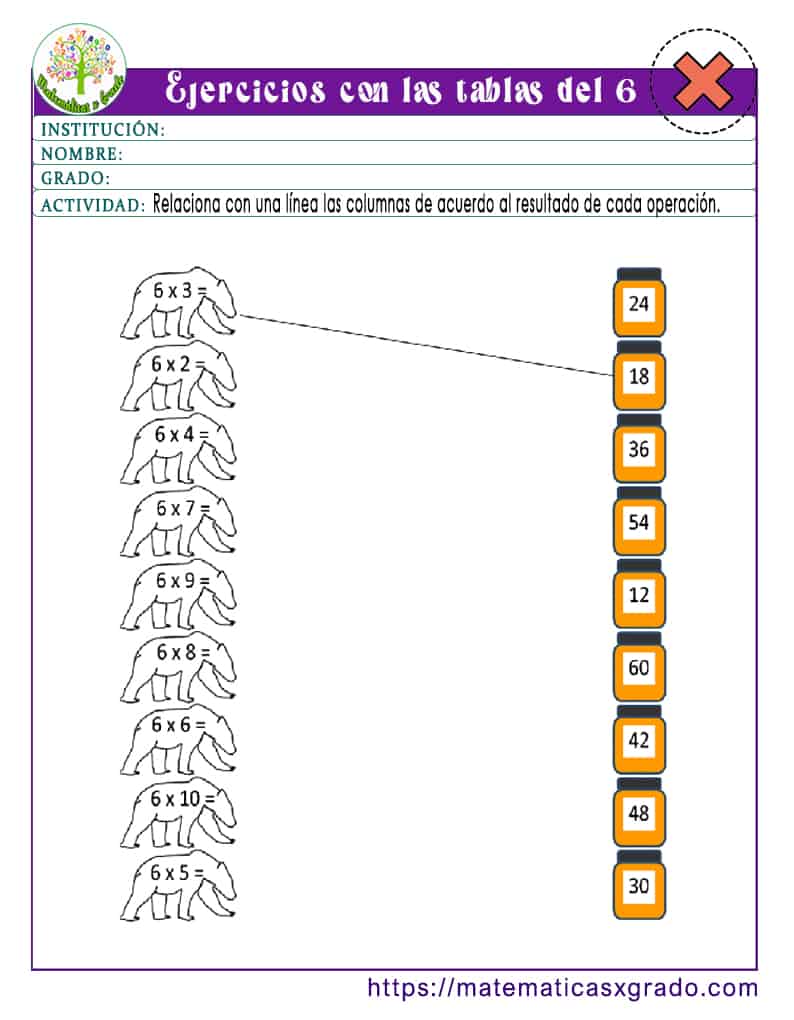 Ejercicios de la tabla de multiplicar del 6 para imprimir