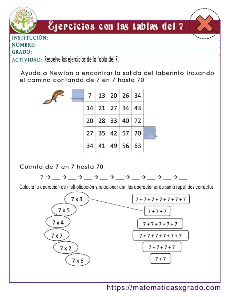 Ejercicios con la tabla de multiplicar del 7 para imprimir