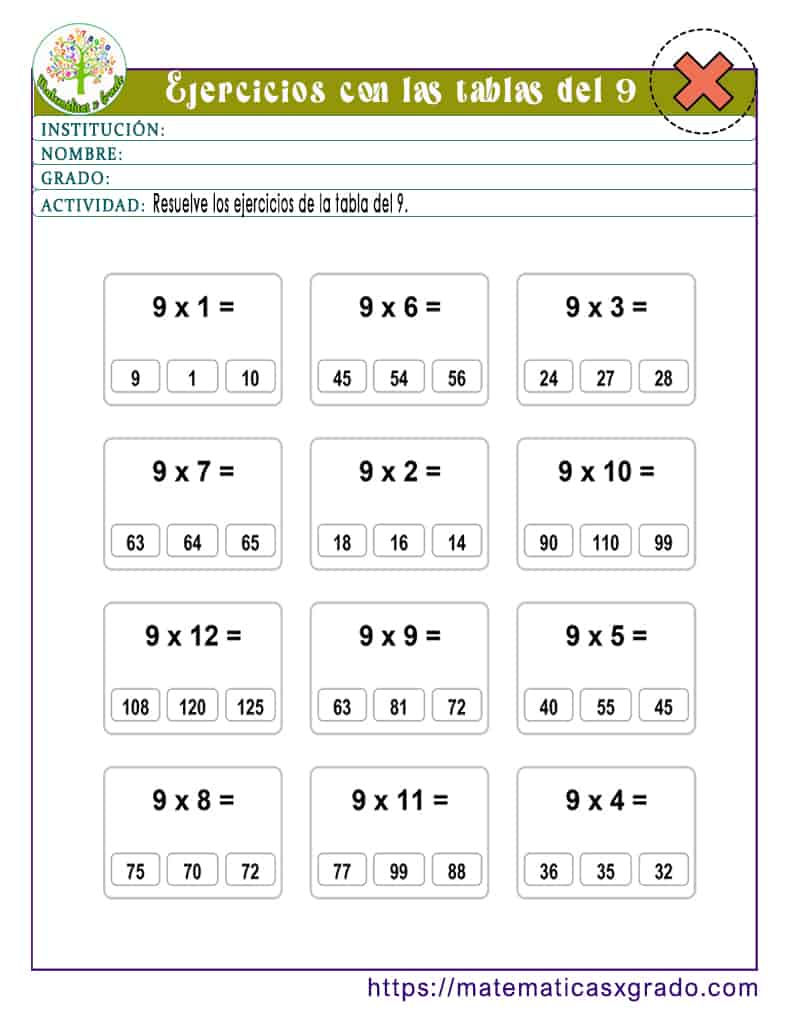 Ejercicios con la tabla de multiplicar del 9 Matemáticas x grado