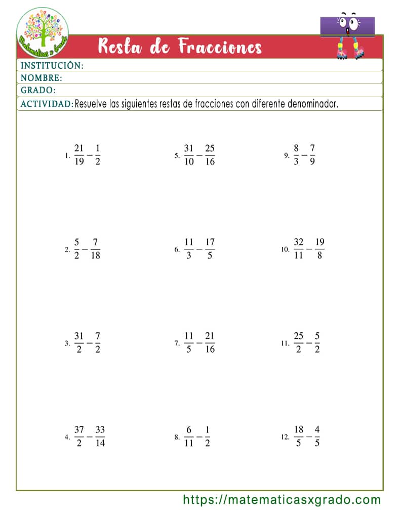 Ejercicios de resta de fracciones con el mismo denominador