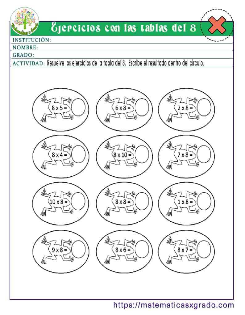 Ejercicios con la tabla de multiplicar del 8 Matemáticas x grado
