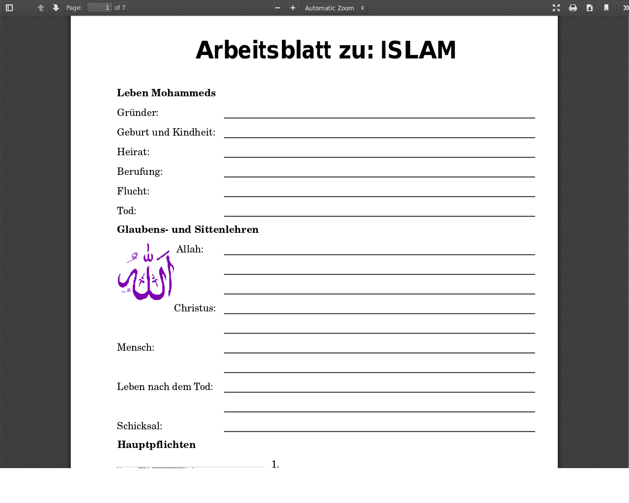 Arbeitsblatt zu Islam material