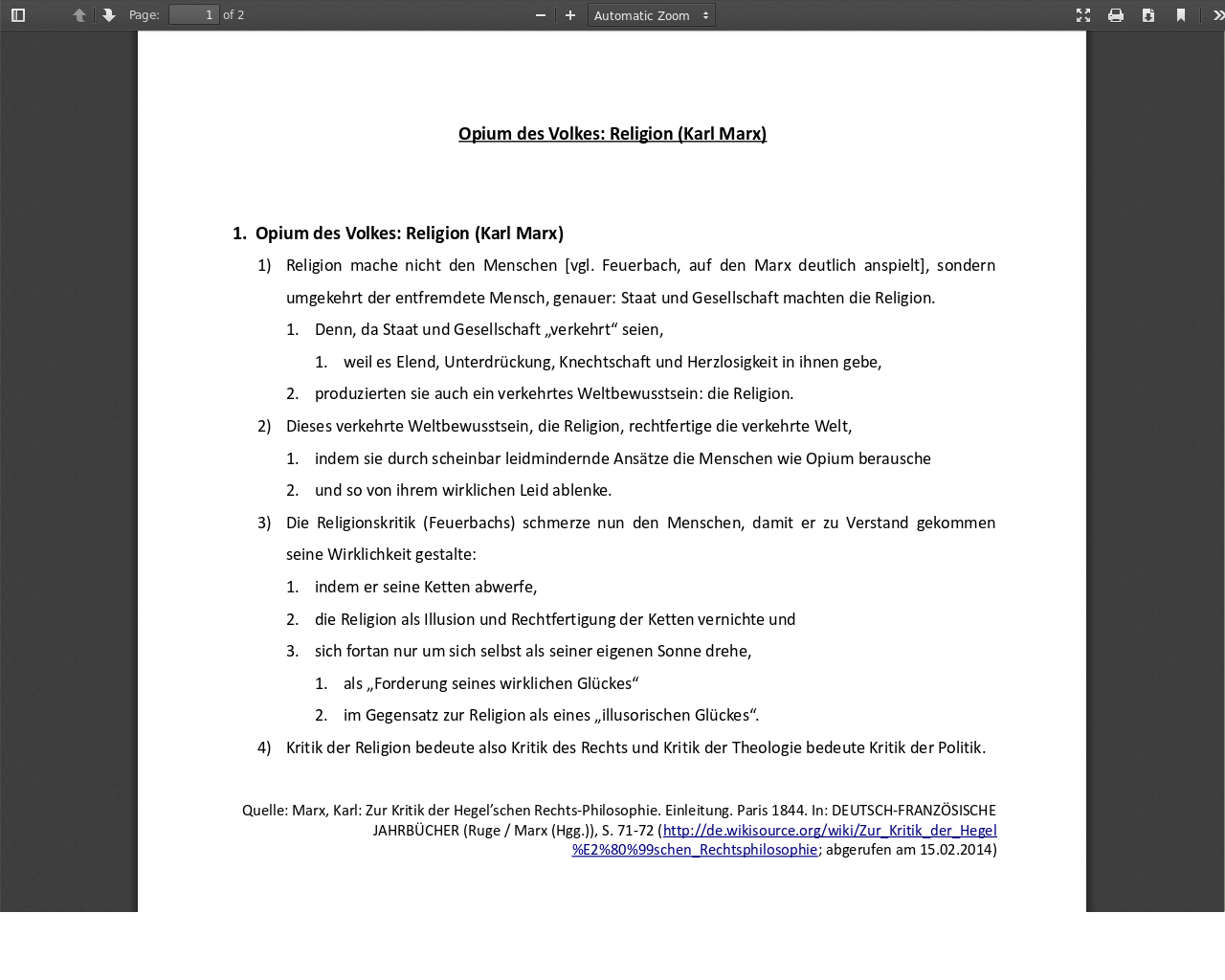 Religionskritik nach Karl Marx Opium des Volkes (1844) material