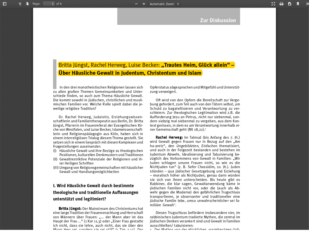 Trautes Heim Gluck Allein Uber Hausliche Gewalt In Judentum Christentum Und Islam Material
