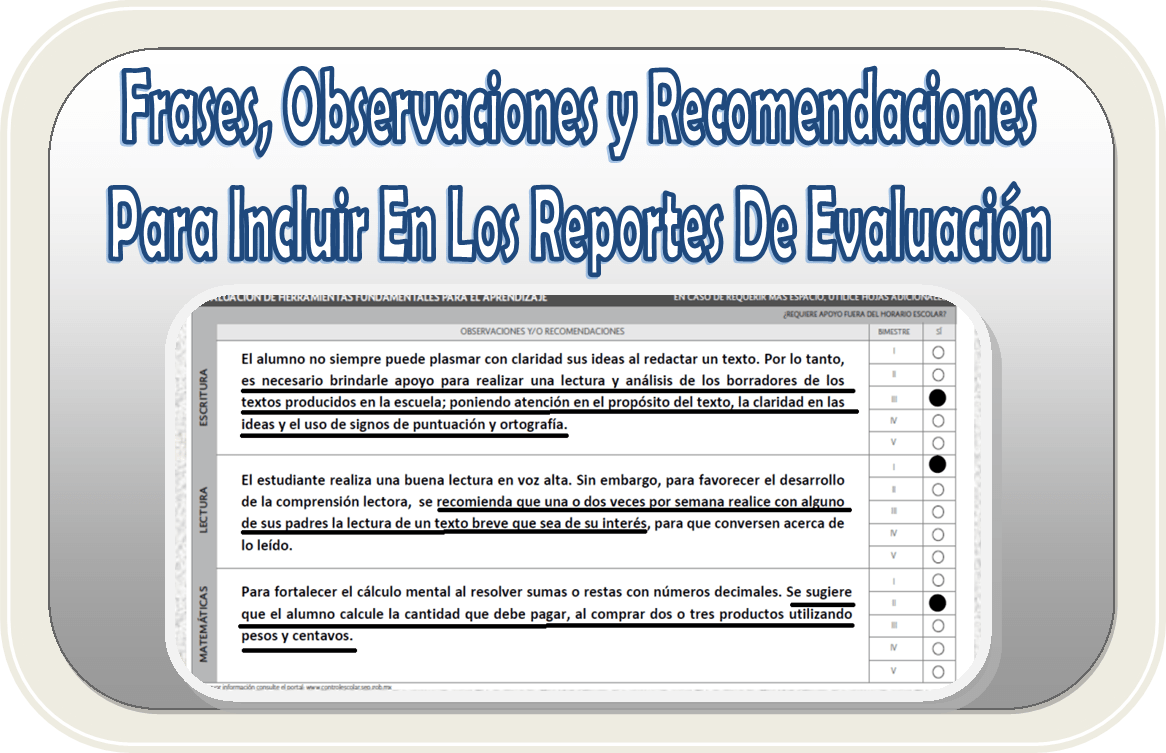 Frases, observaciones y para incluir en los reportes de evaluación Material