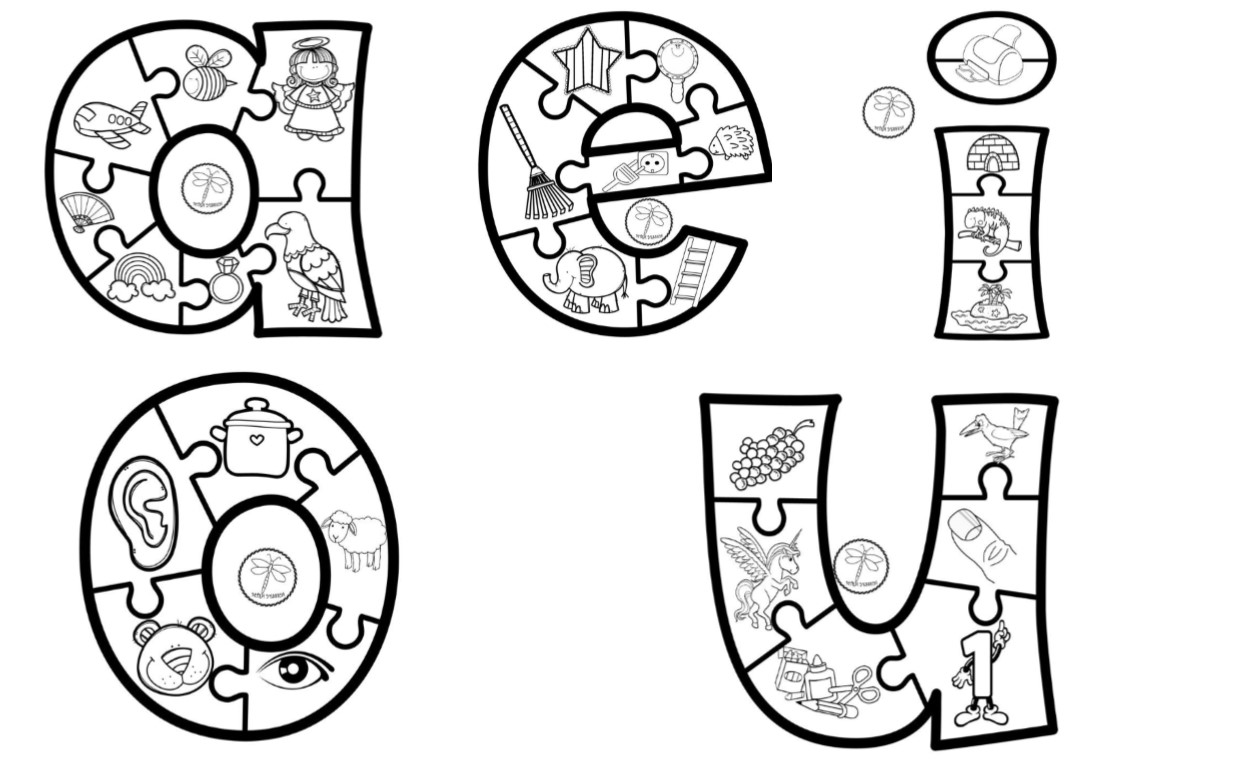 Vocales ilustradas para colorear y aprender, preescolar y