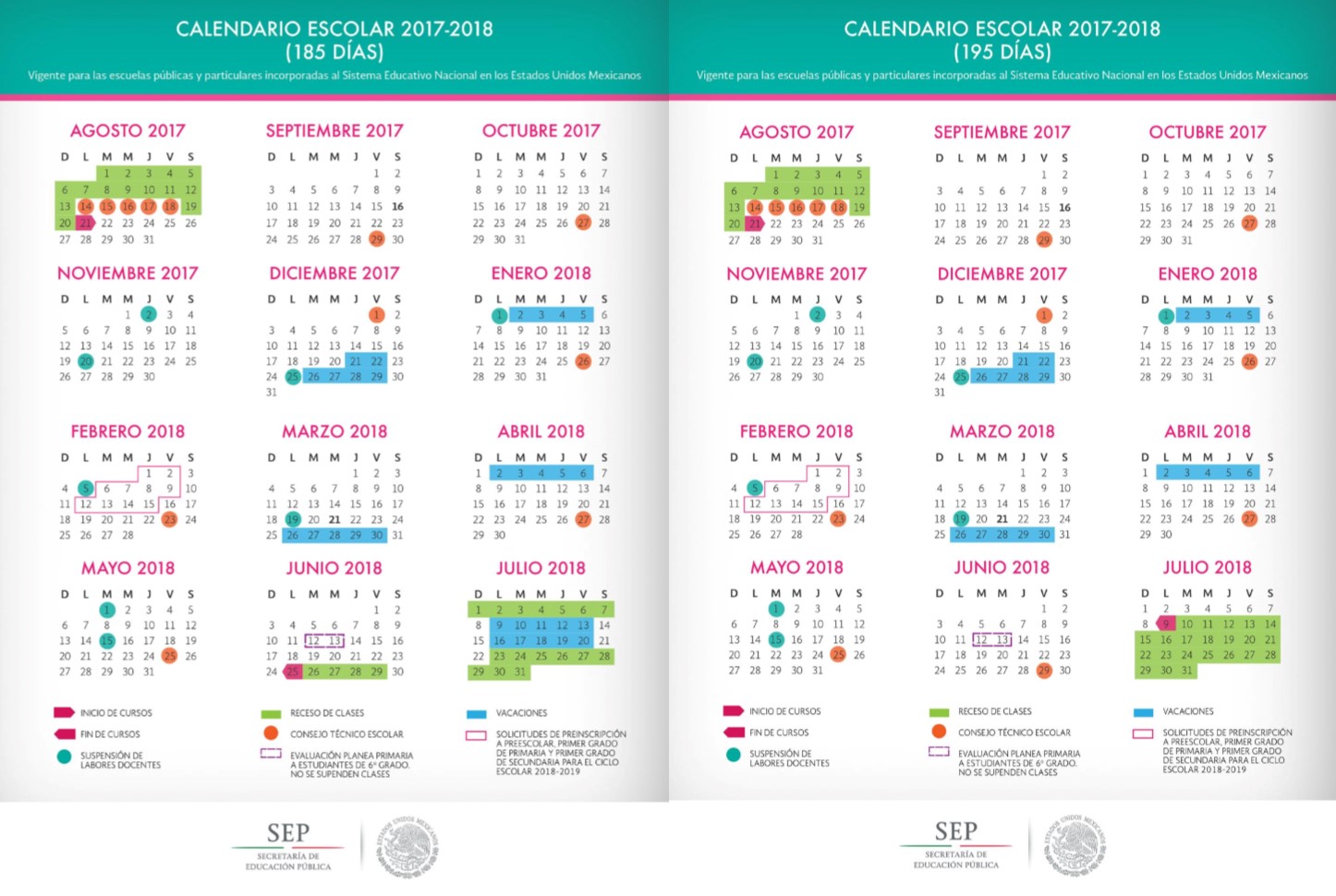 Calendarios de 185 días, 195 días y 200 días del ciclo