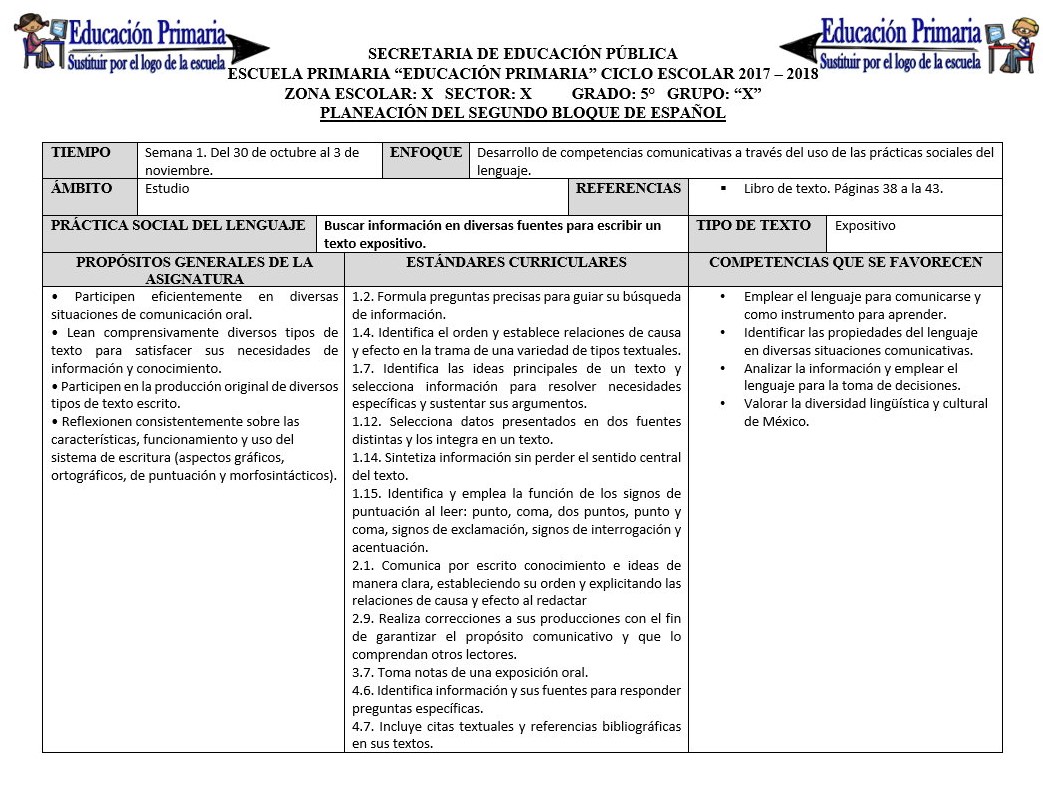 Planeación del quinto grado para el segundo bloque del ciclo escolar