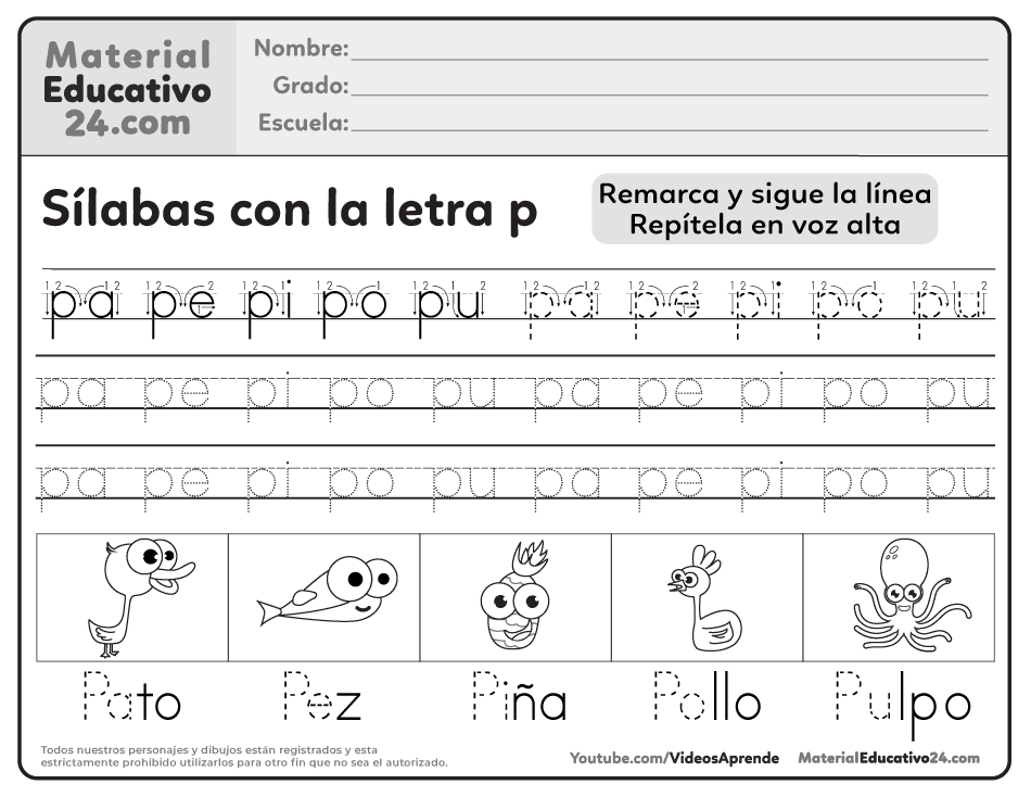 Sílabas con la letra P en español para niños pequeños 2022