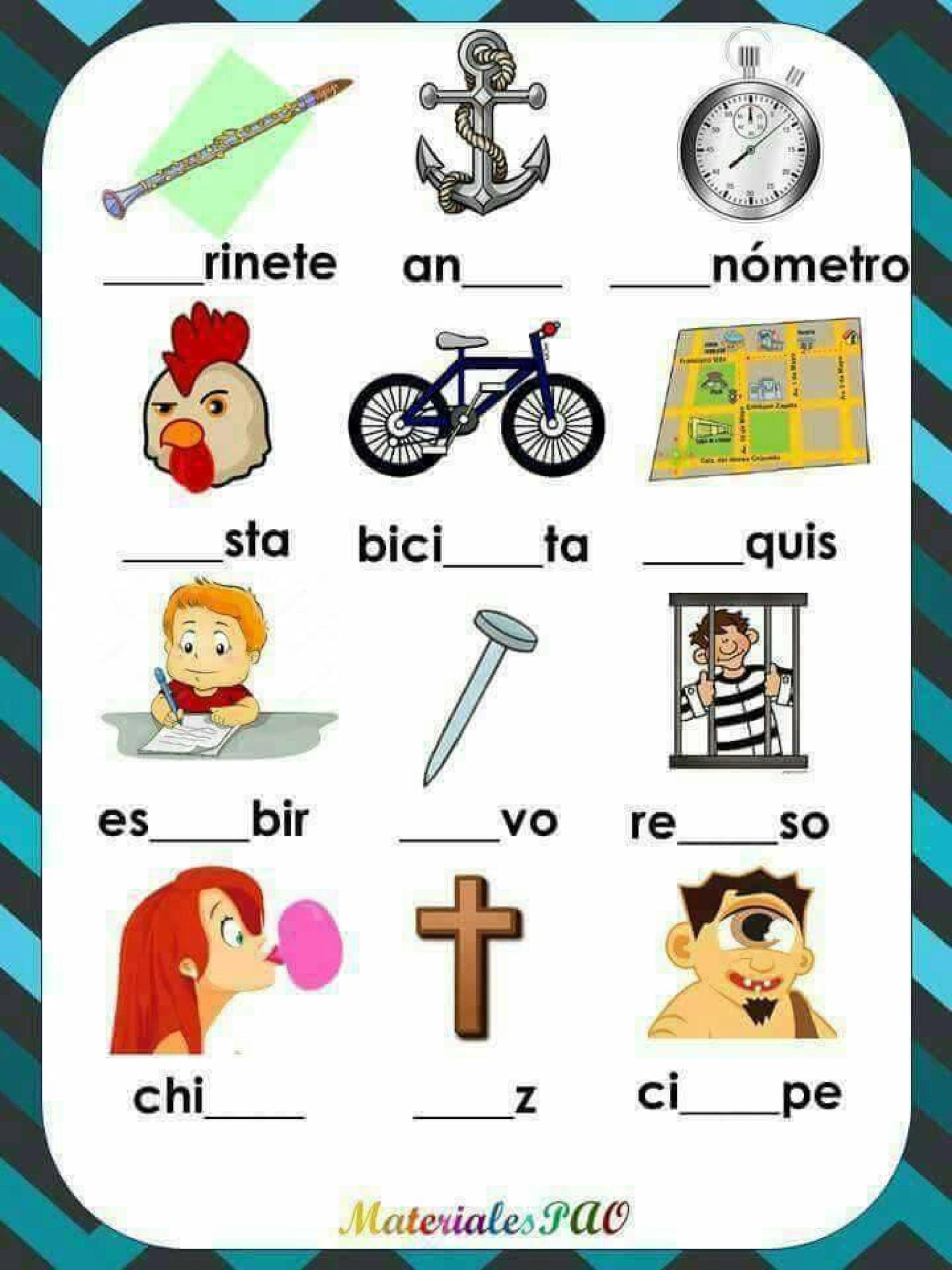 Fichas para trabajar las palabras 1Âº y 2Âº grado primaria