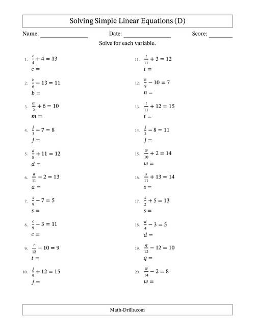 Solving Linear Equations Form x/a ± b = c (D)