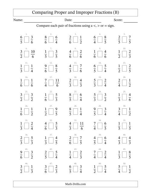 Comparing Improper Fractions to 6ths (B)