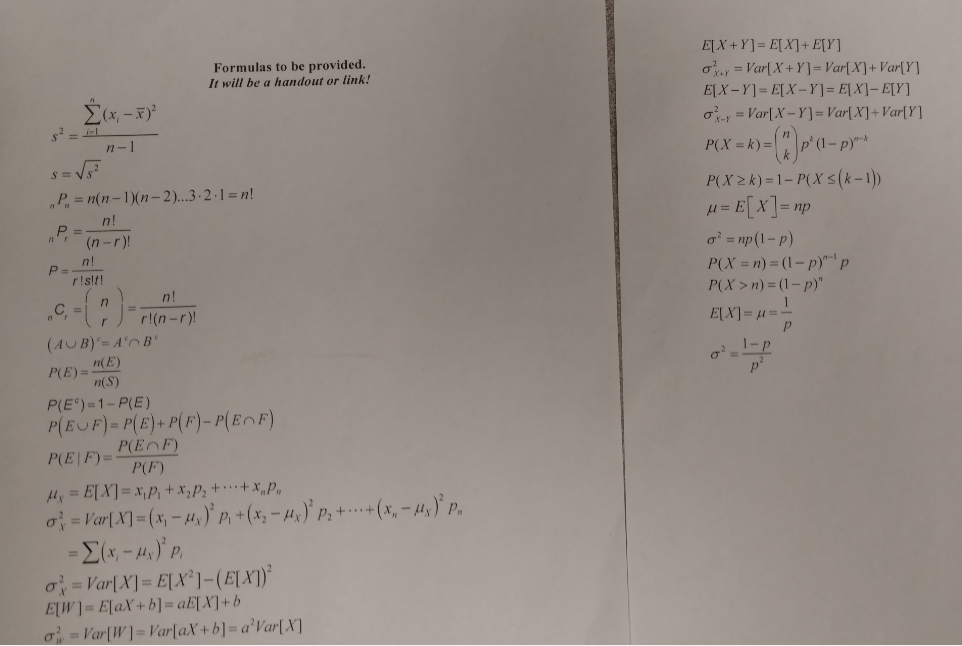 Formula Sheet for Test 1