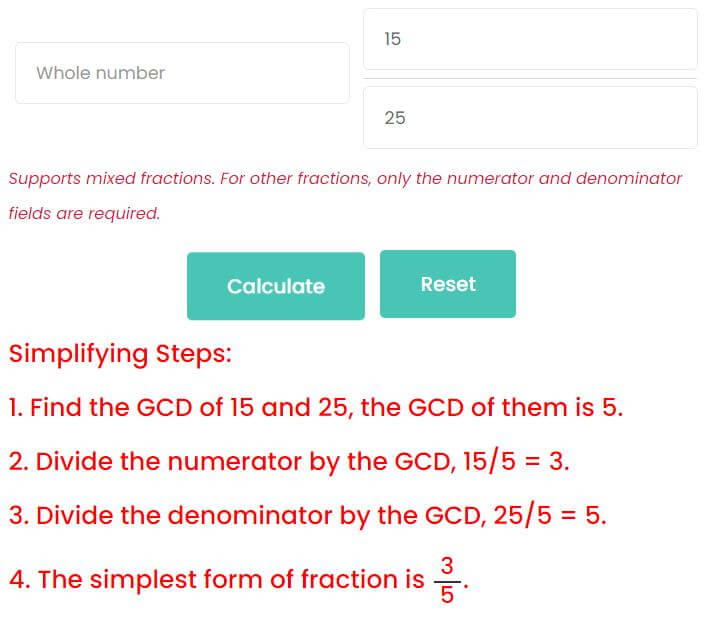 Simplifying Fractions Calculator With Steps (Support Mixed Fractions