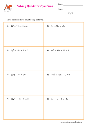 Solving Quadratic Equation Worksheets - Math Fun Worksheets