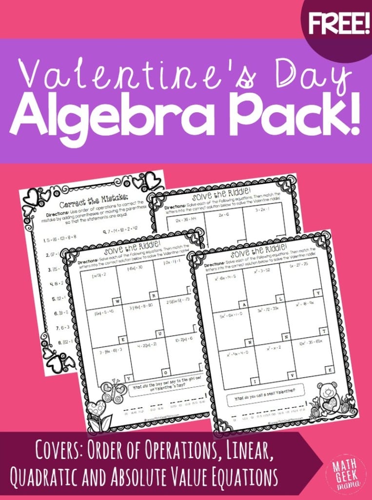 Valentine's Day Algebra Practice Pack! {FREE!}