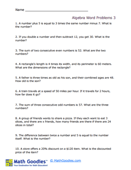 Algebra Word Problem Worksheets - Math Goodies