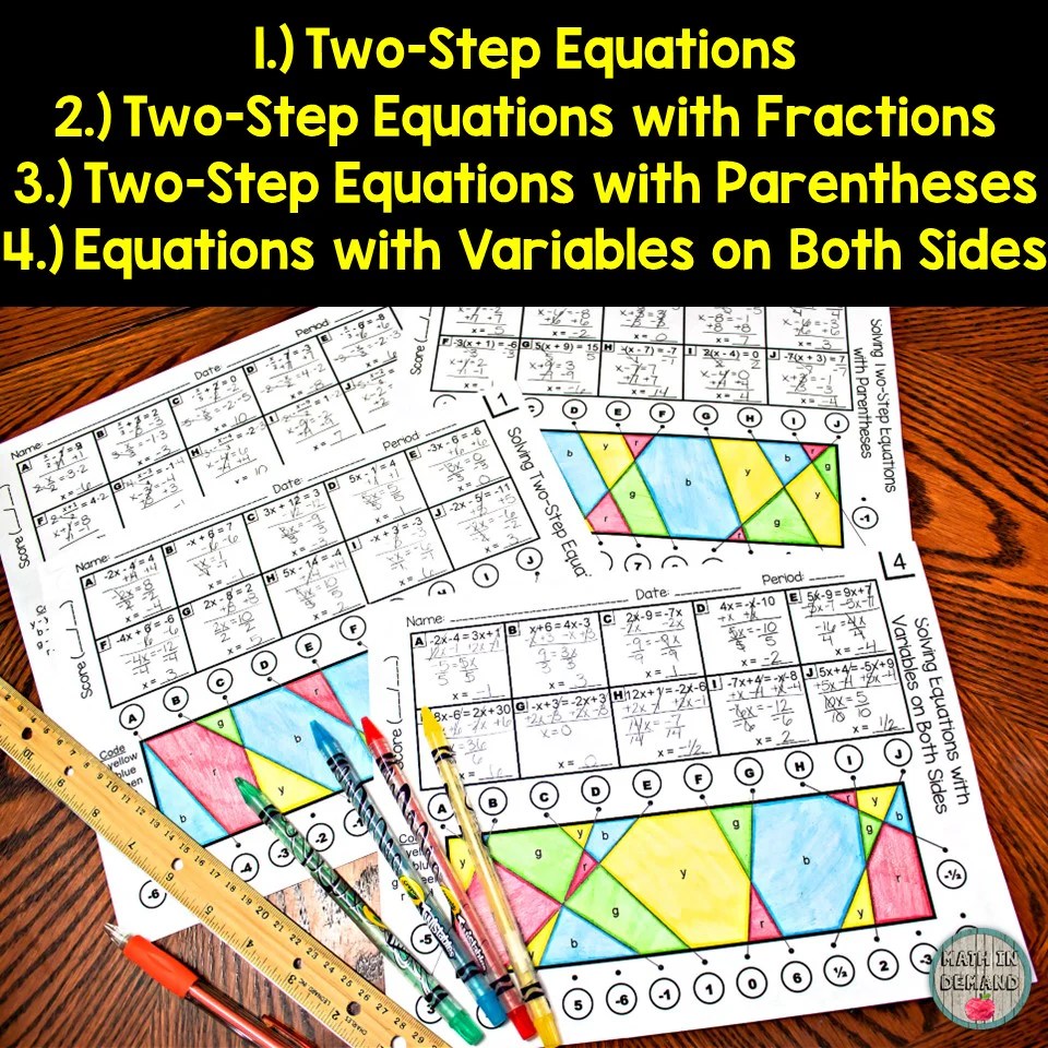Solving Equations Stained Glass 4 Worksheets (TwoStep & MultiStep Eq Math in Demand