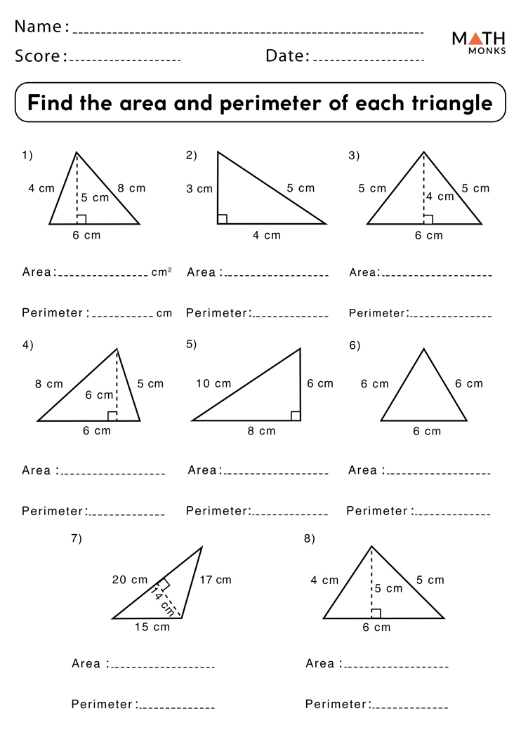 Area and Perimeter of Triangles Worksheets Math Monks