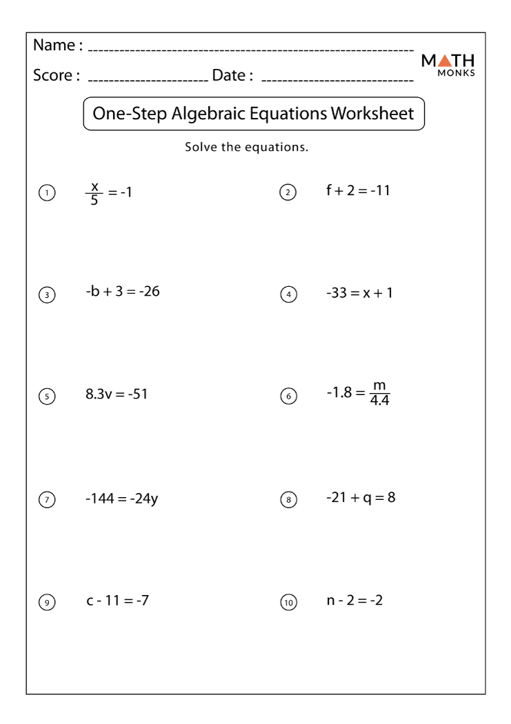 One Step Equations Worksheets - Math Monks