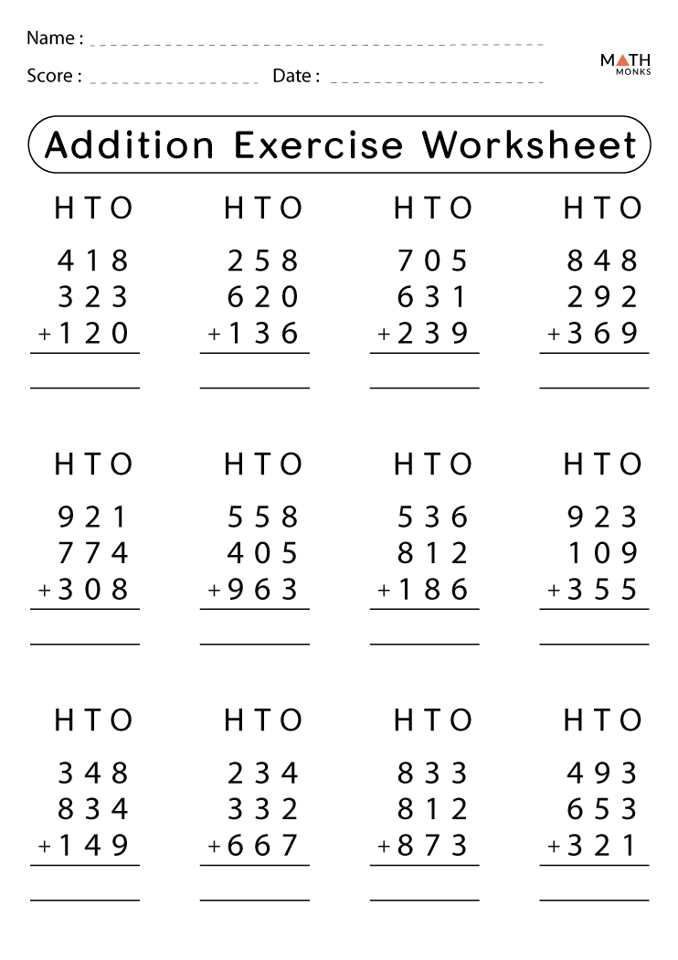 3rd Grade Addition Worksheets with Answer Key