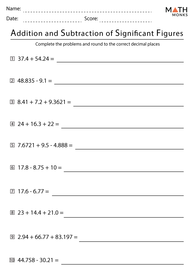 Addition and Subtraction Worksheets with Answer Key
