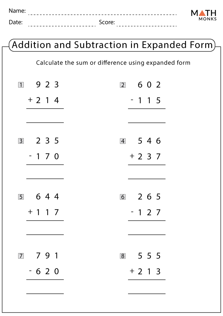 Addition and Subtraction Worksheets with Answer Key