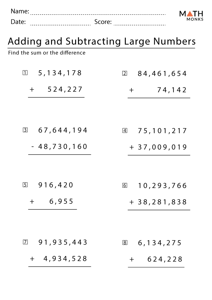 Addition and Subtraction Worksheets with Answer Key