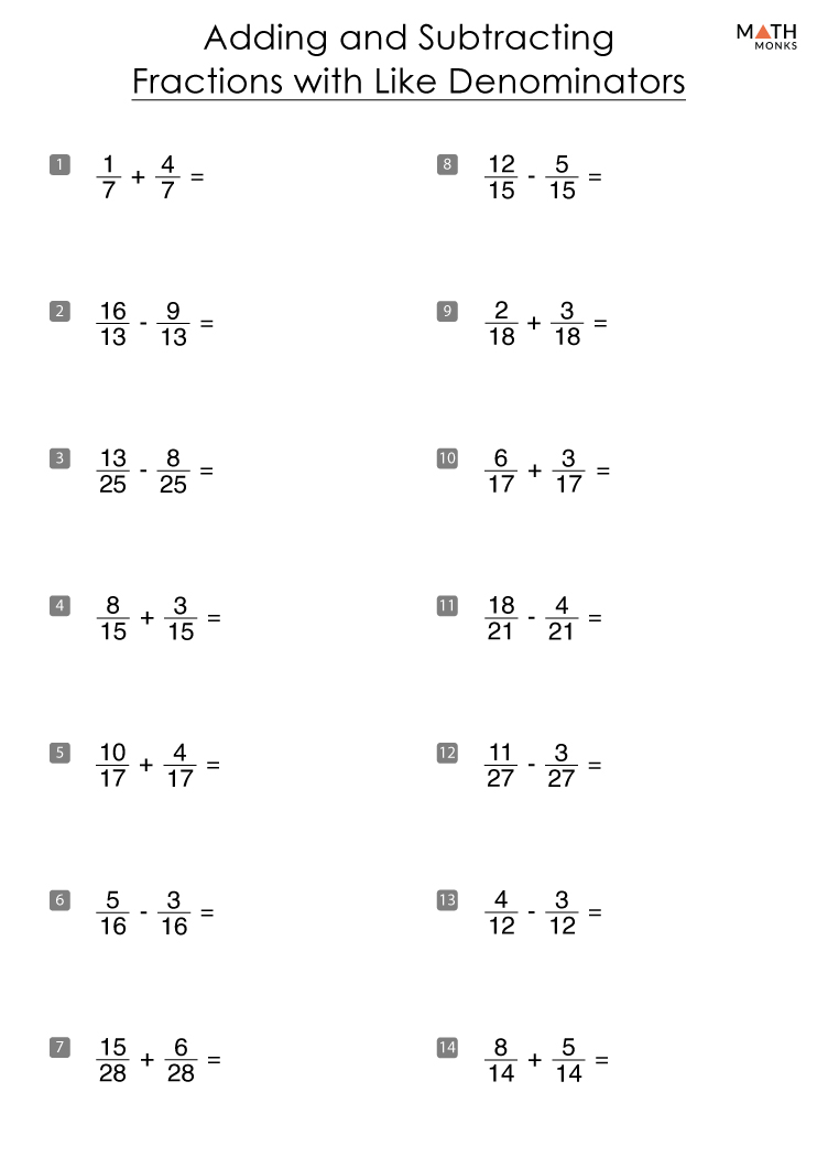 Adding and Subtracting Fractions Worksheets with Answer Key