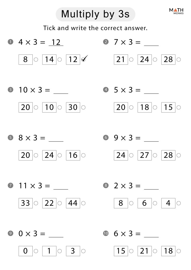 Multiplication by 3 Worksheets - Math Monks