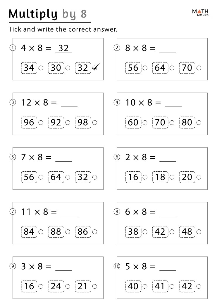 Multiplication by 8 Worksheets Math Monks