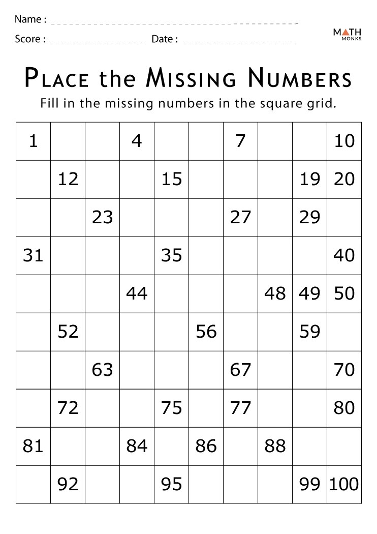 Missing Numbers Worksheets - Math Monks